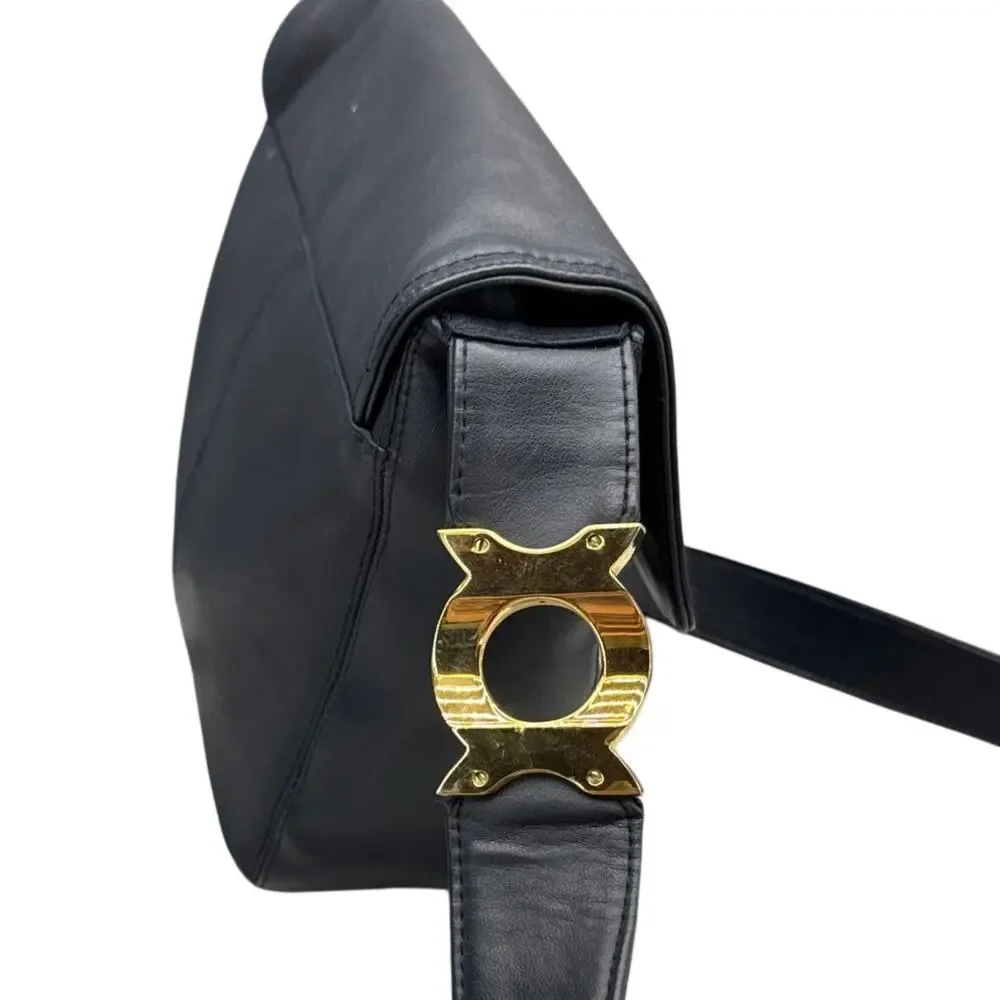 Laura Gayle Vintage Navy Blue Leather Gold Hardware Crossbody Shoulder Bag Purse